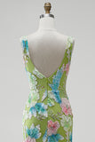 Green Floral Mermaid Beaded Square Neck Sequins Long Prom Dress with Slit