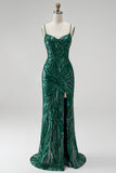 Sparkly Dark Green Sequins Mermaid Spaghetti Straps Long Prom Dress with Slit