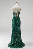 Sparkly Dark Green Sequins Mermaid Spaghetti Straps Long Prom Dress with Slit