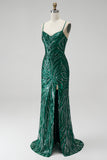 Sparkly Dark Green Sequins Mermaid Spaghetti Straps Long Prom Dress with Slit