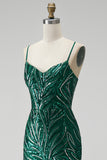 Sparkly Dark Green Sequins Mermaid Spaghetti Straps Long Prom Dress with Slit
