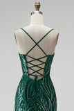 Sparkly Dark Green Sequins Mermaid Spaghetti Straps Long Prom Dress with Slit