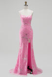 Hot Pink Mermaid Sequins Beaded Spaghetti Straps Long Prom Dress with Slit