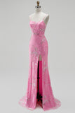 Hot Pink Mermaid Sequins Beaded Spaghetti Straps Long Prom Dress with Slit