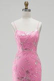 Hot Pink Mermaid Sequins Beaded Spaghetti Straps Long Prom Dress with Slit