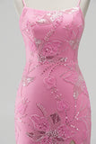 Hot Pink Mermaid Sequins Beaded Spaghetti Straps Long Prom Dress with Slit