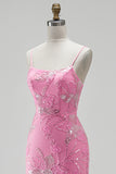 Hot Pink Mermaid Sequins Beaded Spaghetti Straps Long Prom Dress with Slit