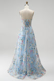 Blue A-Line Corset Sheer Floral Embroidery Spaghetti Straps Long Prom Dress