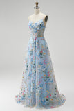 Blue A-Line Corset Sheer Floral Embroidery Spaghetti Straps Long Prom Dress