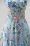 Blue A-Line Corset Sheer Floral Embroidery Spaghetti Straps Long Prom Dress