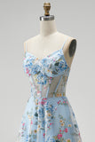 Blue A-Line Corset Sheer Floral Embroidery Spaghetti Straps Long Prom Dress
