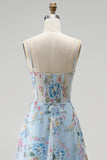 Blue A-Line Corset Sheer Floral Embroidery Spaghetti Straps Long Prom Dress