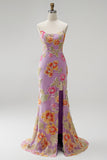 Purple Sequins Floral Mermaid Strapless Long Prom Dress with Beading