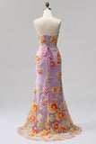 Purple Sequins Floral Mermaid Strapless Long Prom Dress with Beading