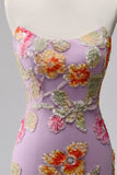 Purple Sequins Floral Mermaid Strapless Long Prom Dress with Beading