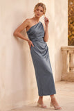 Sage Green Satin Sheath One Shoulder Ruched Midi Wedding Guest Dress