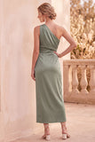 Sage Green Satin Sheath One Shoulder Ruched Midi Wedding Guest Dress