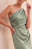 Sage Green Satin Sheath One Shoulder Ruched Midi Wedding Guest Dress