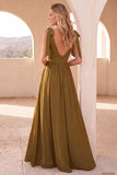 Olive A-Line Scoop Neck Long Wedding Guest Dress with Slit