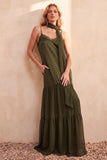 Olive Satin Tiered Spaghetti Straps Chiffon Long Wedding Guest Dress with Pockets