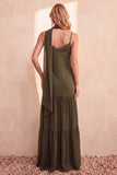 Olive Satin Tiered Spaghetti Straps Chiffon Long Wedding Guest Dress with Pockets