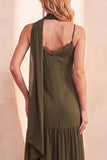 Olive Satin Tiered Spaghetti Straps Chiffon Long Wedding Guest Dress with Pockets