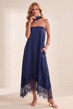 Navy A-Line Satin Strapless Midi Wedding Guest Dress with Lace