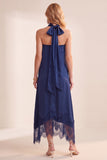 Navy A-Line Satin Strapless Midi Wedding Guest Dress with Lace