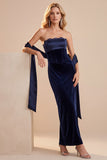 Navy Corset Velvet Sheath Strapless Maxi Wedding Guest Dress with Lace