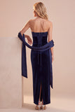 Navy Corset Velvet Sheath Strapless Maxi Wedding Guest Dress with Lace