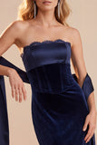 Navy Corset Velvet Sheath Strapless Maxi Wedding Guest Dress with Lace
