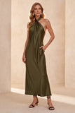 Olive Halter Sheath Satin Long Wedding Guest Dress with Pockets