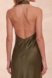 Olive Halter Sheath Satin Long Wedding Guest Dress with Pockets