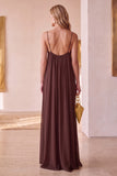 Coffee A-Line Ruched Chiffon Spaghetti Straps Long Wedding Guest Dress