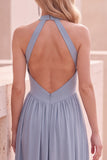 Dusty Blue A-Line Halter Basque Waist Long Wedding Guest Dress with Slit