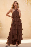 Coffee Halter Tiered Ruffled High Low Chiffon Long Wedding Guest Dress with Beading