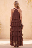 Coffee Halter Tiered Ruffled High Low Chiffon Long Wedding Guest Dress with Beading