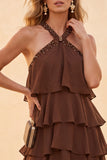 Coffee Halter Tiered Ruffled High Low Chiffon Long Wedding Guest Dress with Beading