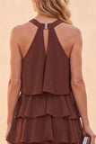 Coffee Halter Tiered Ruffled High Low Chiffon Long Wedding Guest Dress with Beading