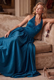 Peacock Blue A-Line Halter Satin Pleated Long Wedding Guest Dress with Lace