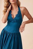 Peacock Blue A-Line Halter Satin Pleated Long Wedding Guest Dress with Lace