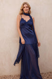 Navy Satin A-Line Chiffon Spaghetti Straps Maxi Wedding Guest Dress with Lace