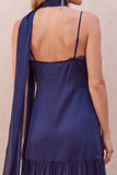Navy Satin A-Line Chiffon Spaghetti Straps Maxi Wedding Guest Dress with Lace