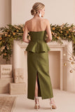 Olive Sheath Peplum Satin Strapless Long Wedding Guest Dress with Beading