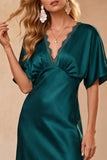 Peacock Blue Satin Sheath Lace V-Neck Short Sleeves Long Wedding Guest Dress with Slit