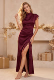 Burgundy Sheath High Neck Cap Sleeves Ruched Long Wedding Guest Dress with Lace Slit