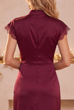 Burgundy Sheath High Neck Cap Sleeves Ruched Long Wedding Guest Dress with Lace Slit