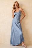 Dusty Blue Sheath Satin Spaghetti Straps Long Wedding Guest Dress with Lace