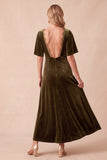 Olive Velvet A-Line V-Neck Short Sleeves Maxi Wedding Guest Dress with Lace