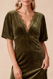 Olive Velvet A-Line V-Neck Short Sleeves Maxi Wedding Guest Dress with Lace